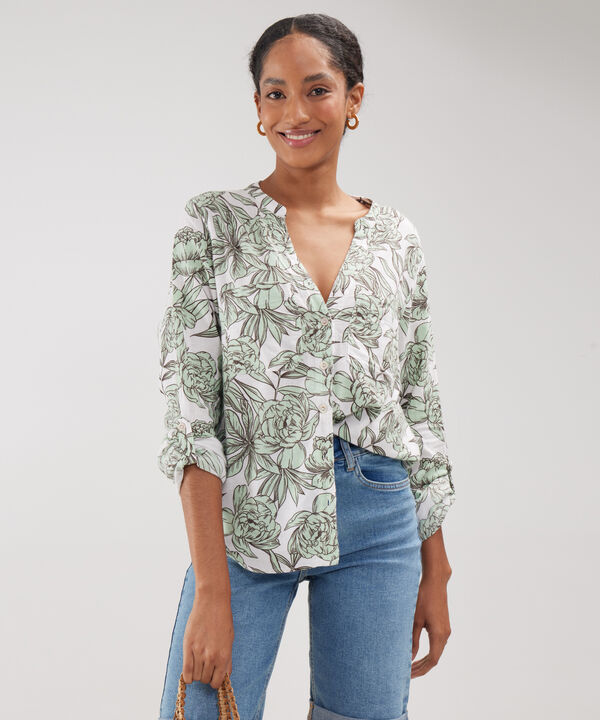 Blusa Manga Larga Estampada En Lino