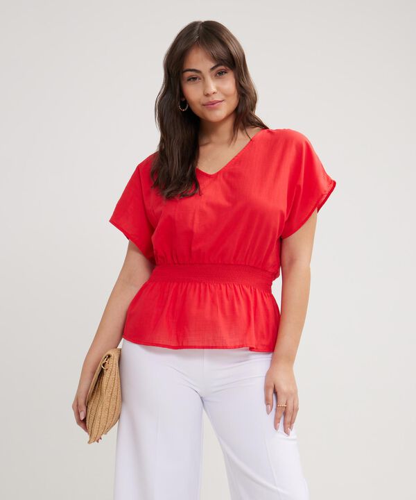 Blusa Unicolor Manga Corta, Escote V Con Encauchado En Cintura, Nautico Artesanal Línea Moda image number null