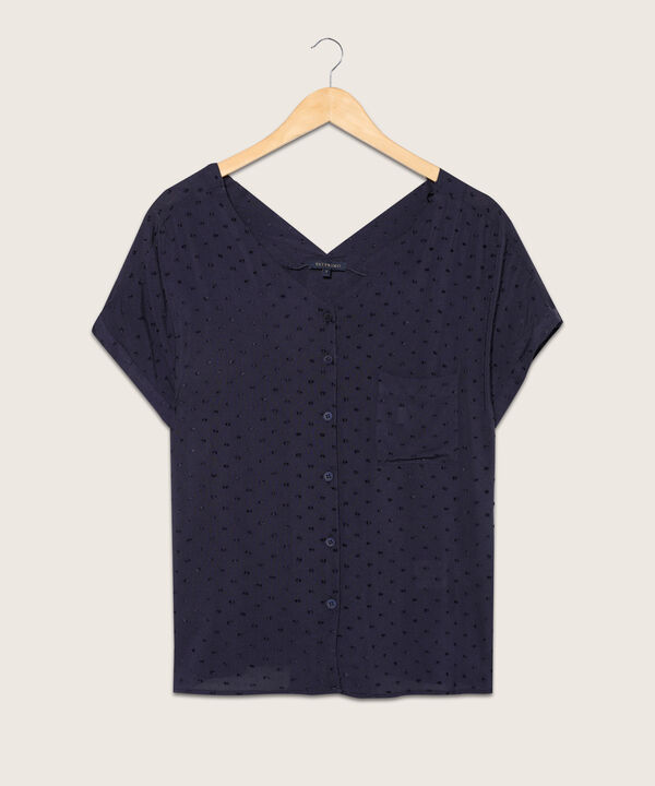 Blusa Unicolor Textura Manga Corta Con Guarda Polvo, Cuello En V, Botonadura, Bolsillo Y Silueta Fluida