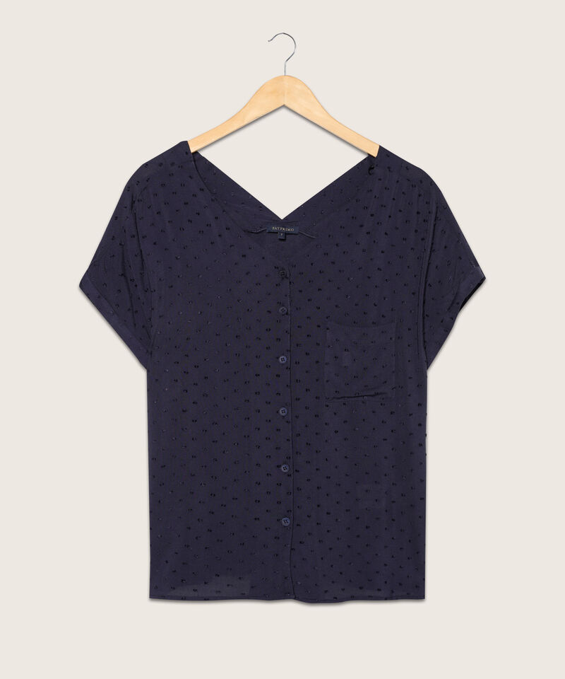 Blusa Unicolor Textura Manga Corta Con Guarda Polvo, Cuello En V, Botonadura, Bolsillo Y Silueta Fluida