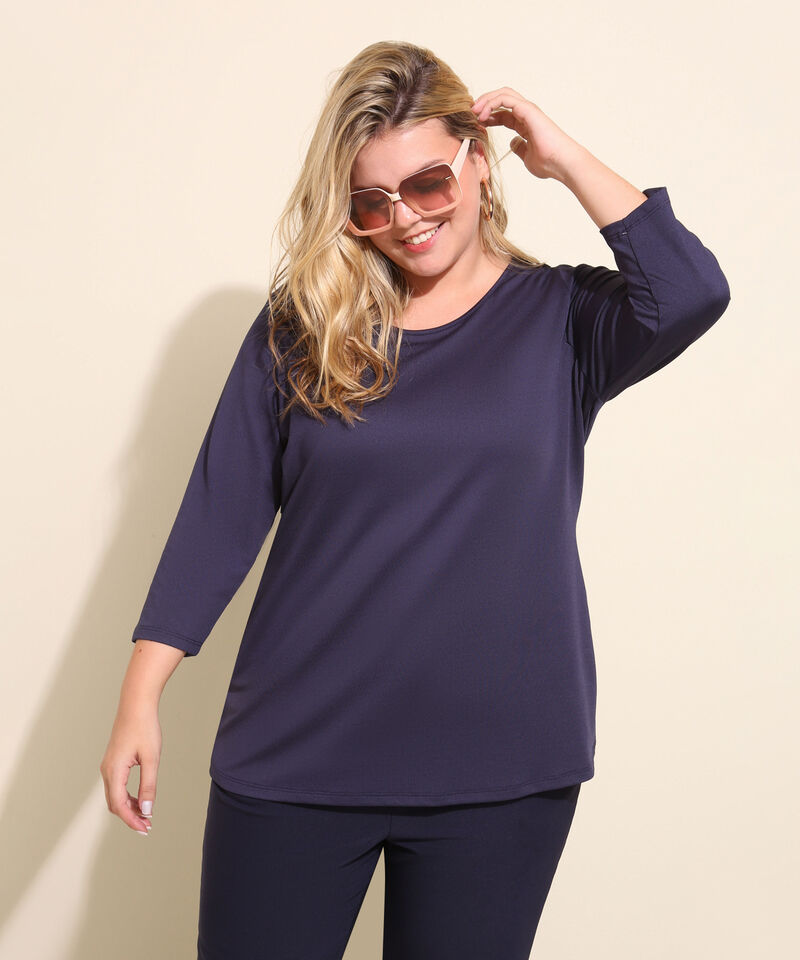 Camiseta Unicolor Con Cuello Redondo Y Manga 3/4, Líneas