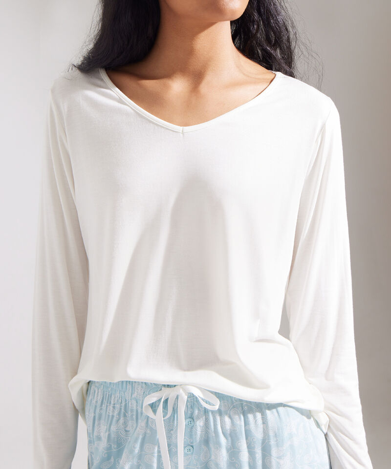 Pijama Set Camiseta Manga Larga Cuello V Unicolor Y Pantalón Plano Estampado