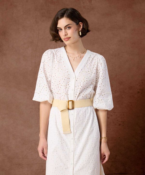 Vestido Camisero Perforado Con Cinturón Para Mujer