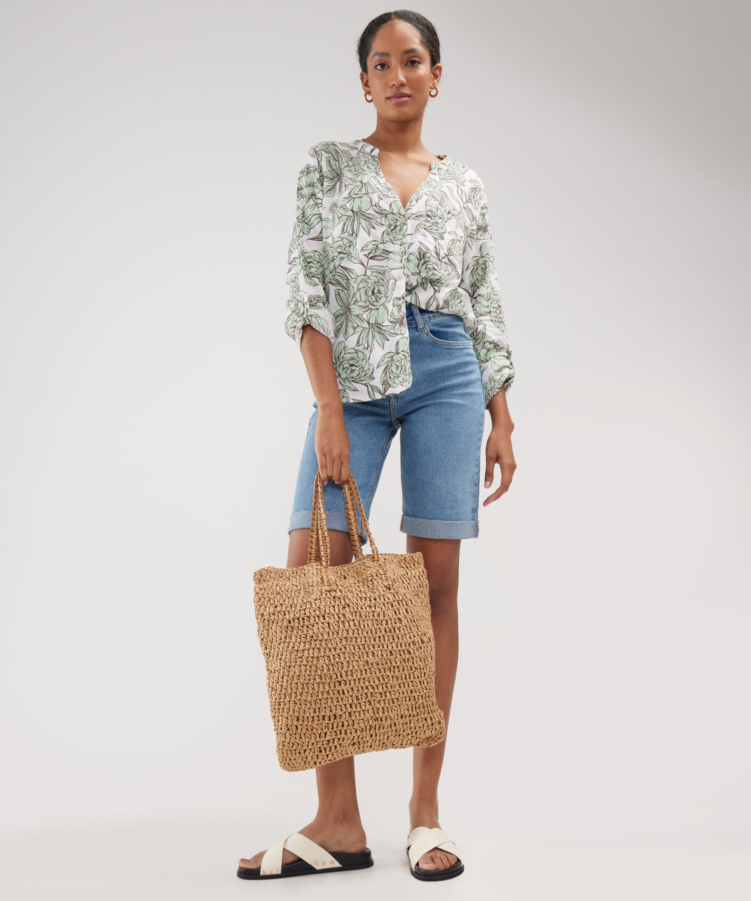 Blusa Manga Larga Estampada En Lino