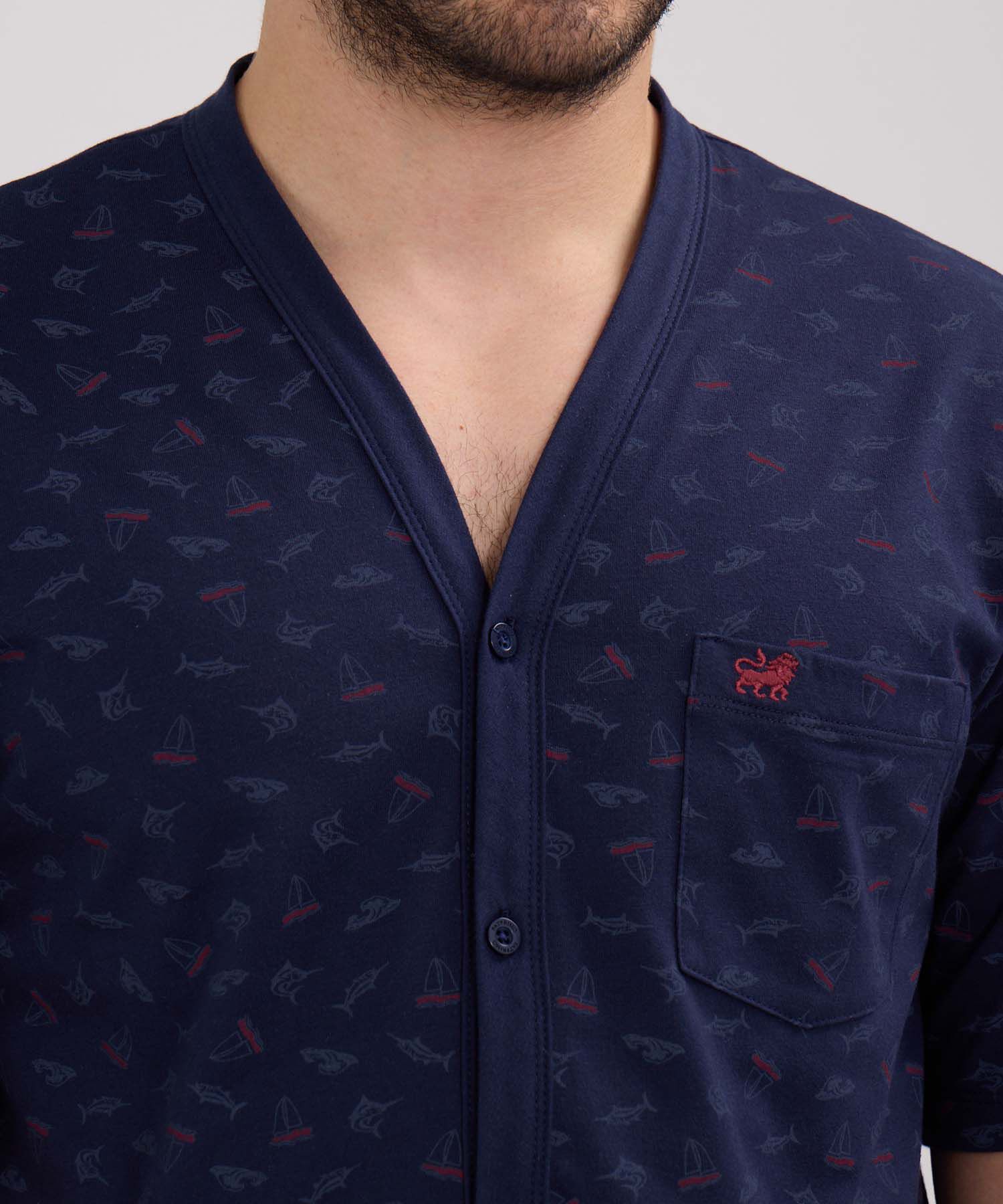 Pijama Manga Corta Camisa Estampada Con Pechera Y Pantalontea Unicolor