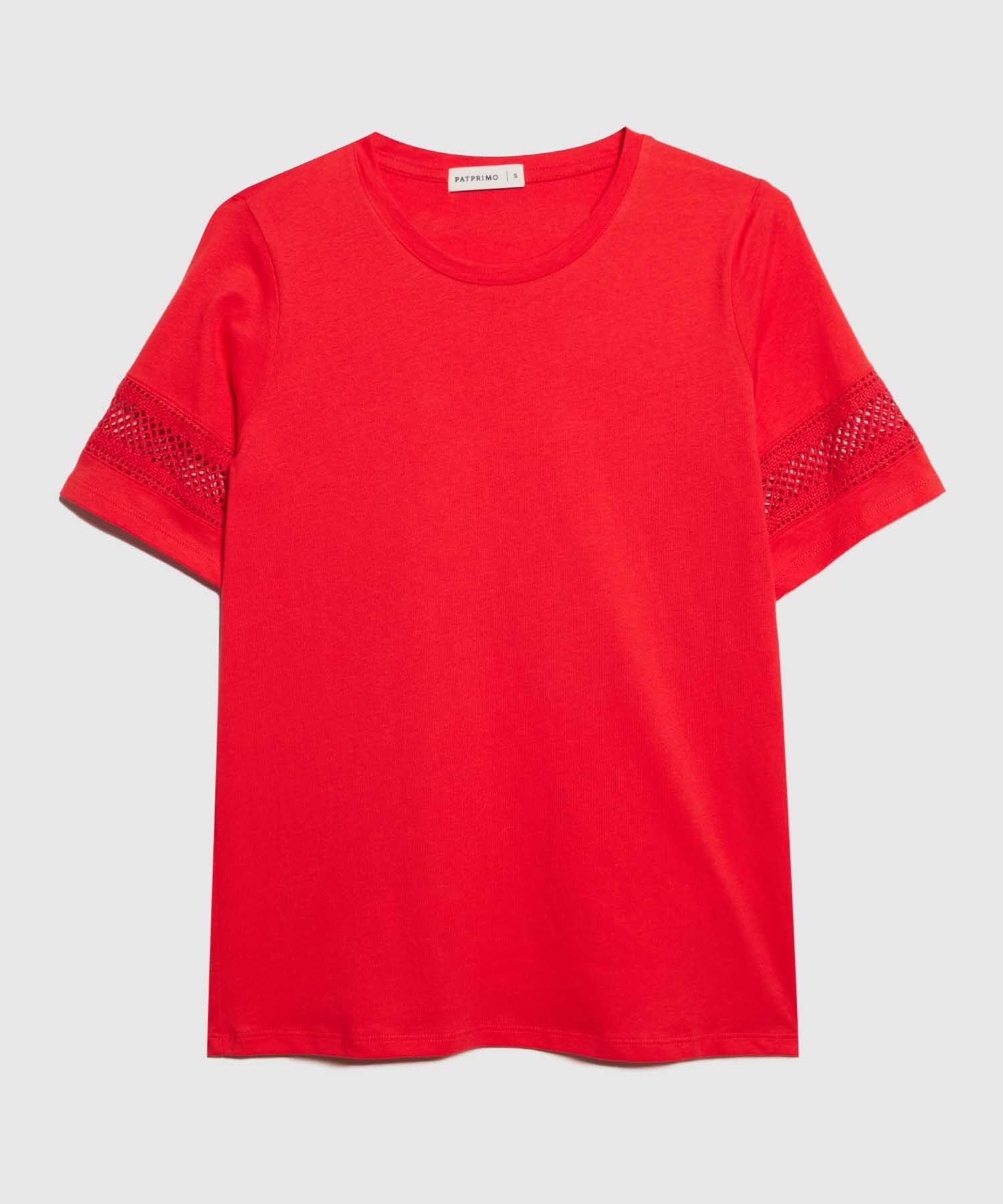 Camiseta Unicolor Cuello Redondo, Manga Corta Con Detalle Encaje