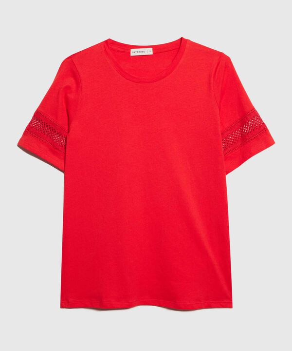 Camiseta Unicolor Cuello Redondo, Manga Corta Con Detalle Encaje