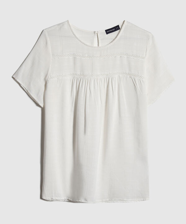 Blusa Unicolor Manga Corta, Escote Redondo Con Encaje Y Recogido Sutil
