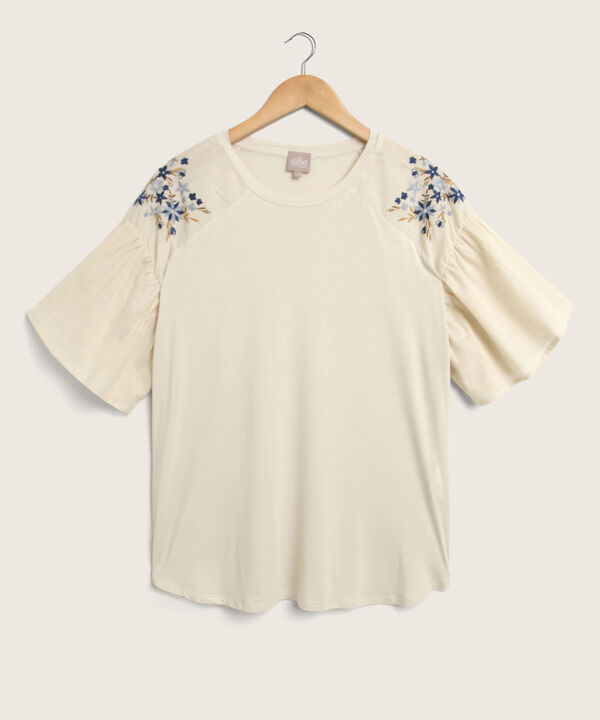 Camiseta Unicolor Cuello Redondo, Manga Corta Con Vuelo