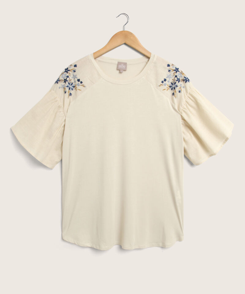 Camiseta Unicolor Cuello Redondo, Manga Corta Con Vuelo