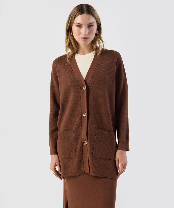 C&aacute;rdigan Mujer Largo Escote V Bolsillos Frontales image number null