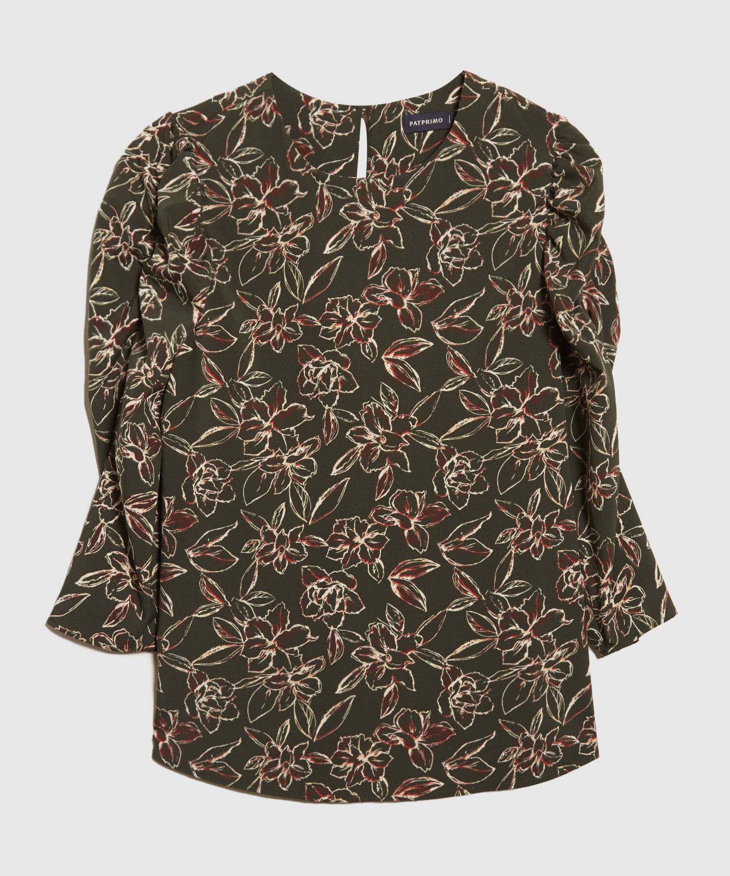 Blusa Estampada Escote Redondo, Manga 3/4 Con Recogido