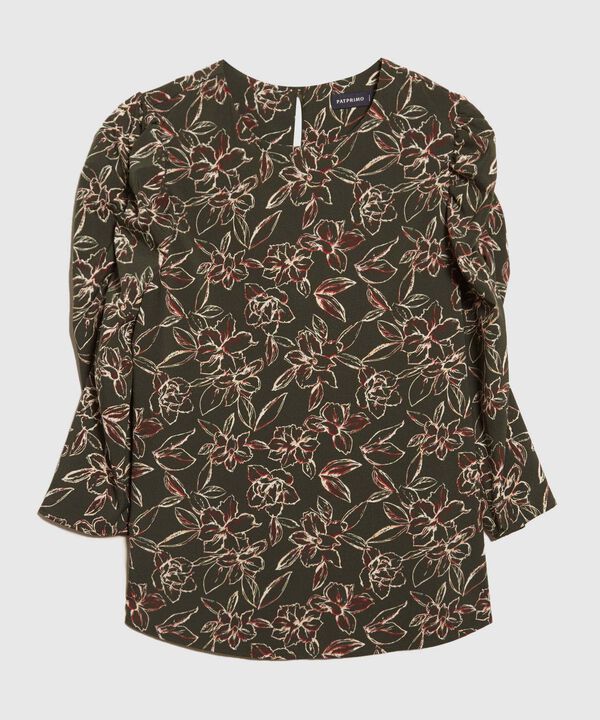 Blusa Estampada Escote Redondo, Manga 3/4 Con Recogido