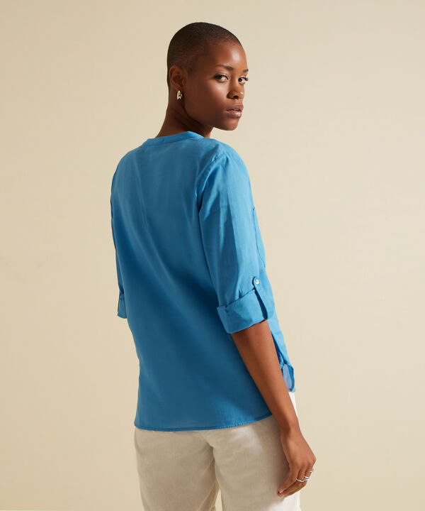 Blusa Lino Manga Larga Con Bolsillo Unicolor