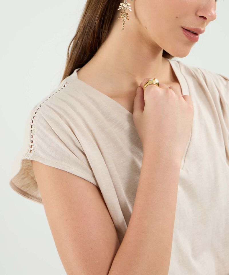 Camiseta Manga Corta, Cuello V Con Encaje En Hombro Para Mujer