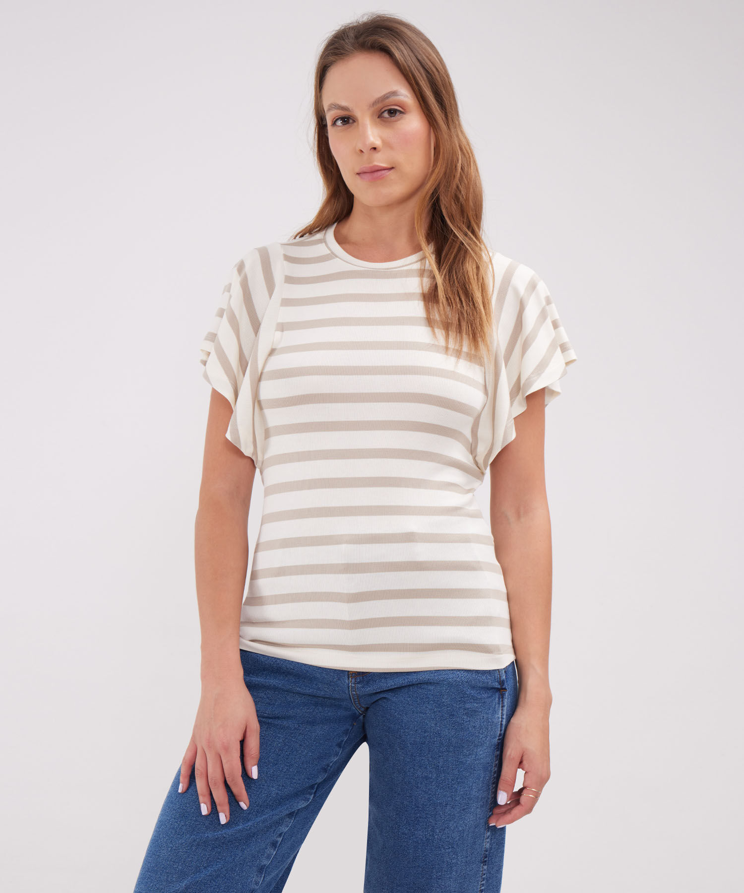 Camiseta Preteñida, Cuello Redondo Manga Corta Con Vuelo