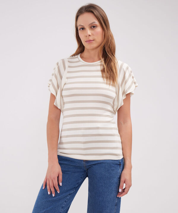 Camiseta Preteñida, Cuello Redondo Manga Corta Con Vuelo