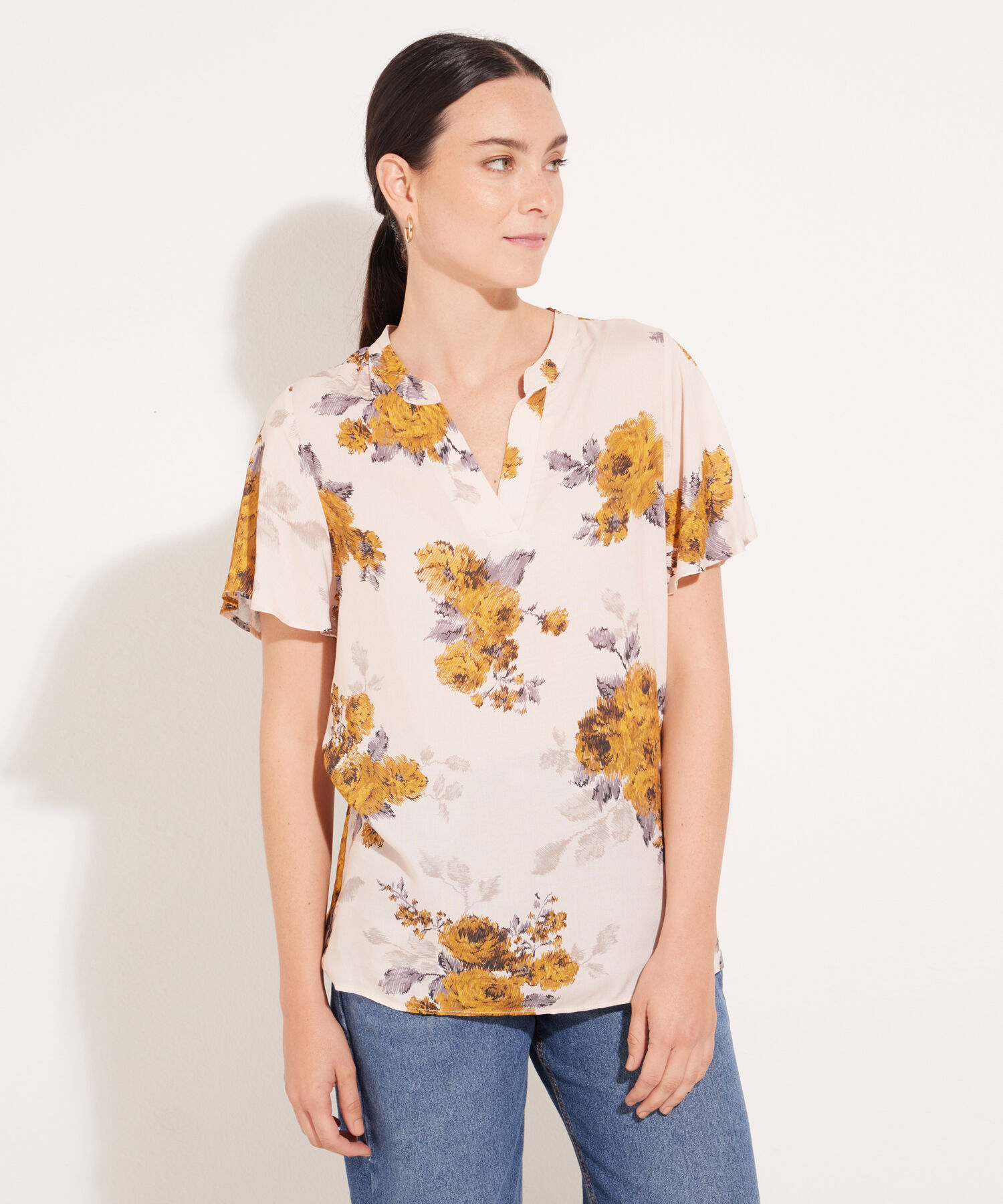 Blusa Manga Corta Estampada Cuello Neru