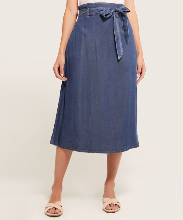 Falda Midi En Denim Con Cintur&oacute;n Mujer