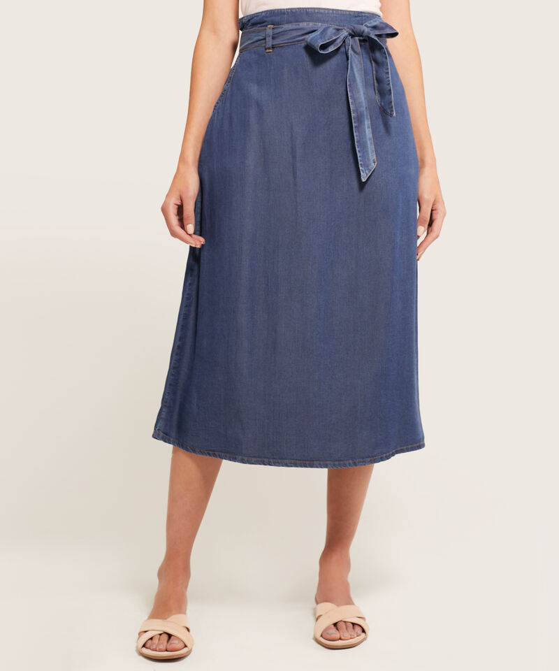 Falda Midi En Denim Con Cintur&oacute;n Mujer