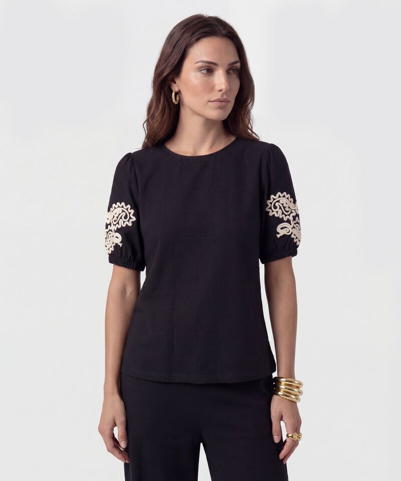 Blusa De Cuello Redondo Con Bordado Para Mujer