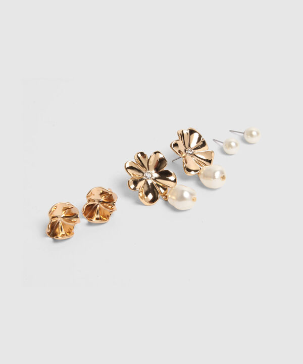 Set X3 Aretes Dorados Con Perlas Y Flores  image number null