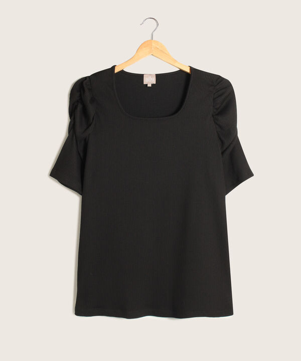 Camiseta Unicolor Textura Acanalada Con Cuello Cuadrado Y Manga Corta Bombacha Con Fruncido