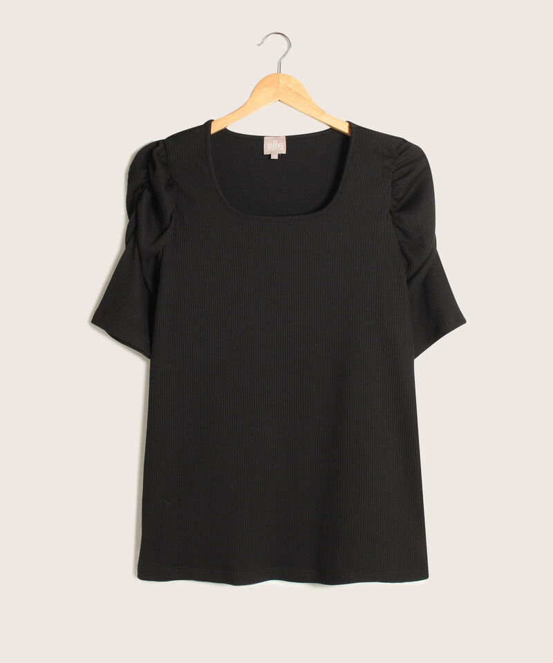 Camiseta Unicolor Textura Acanalada Con Cuello Cuadrado Y Manga Corta Bombacha Con Fruncido