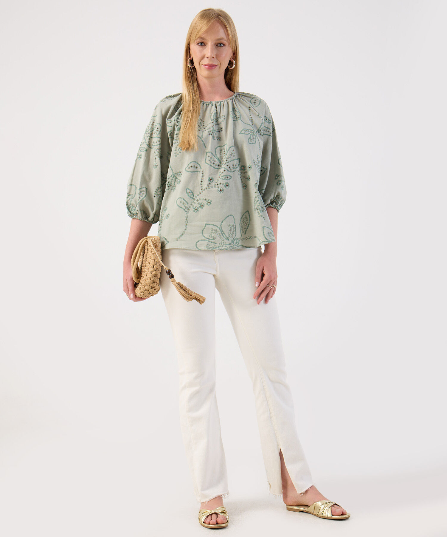 Blusa De Mujer Ojalillos Escote Fruncido Manga Globo