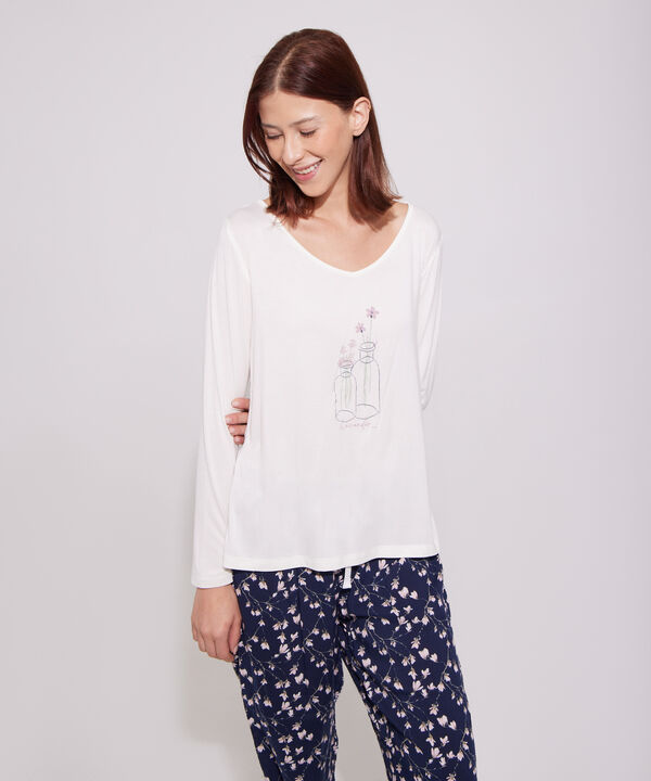 Pijama Camiseta Larga Unicolor Y Pantalón Largo Estampado