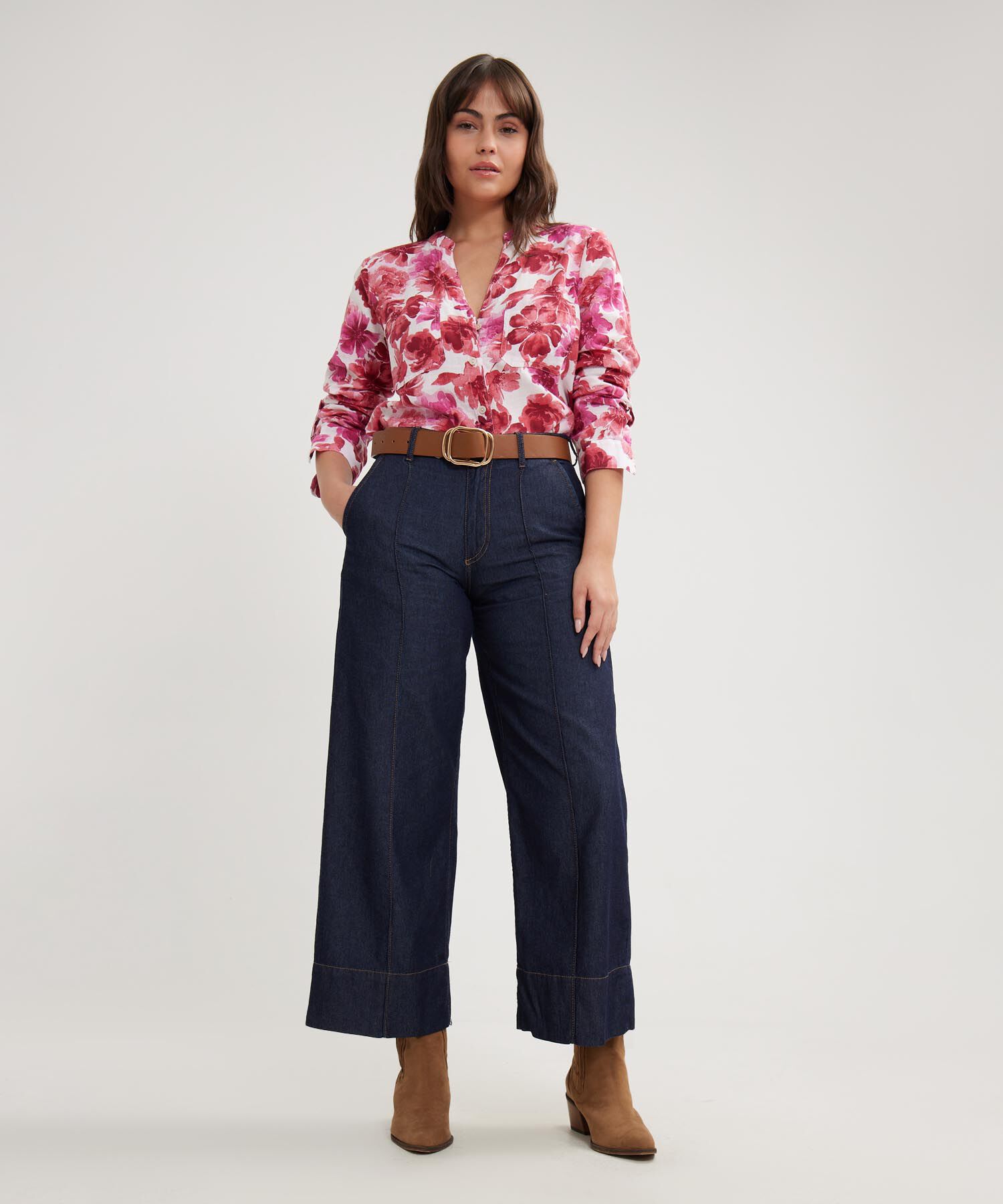 Blusa Manga Larga Estampada En Lino