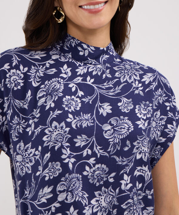 Blusa Estampada, Manga Corta, Cuello Alto, Silueta Fluida image number null