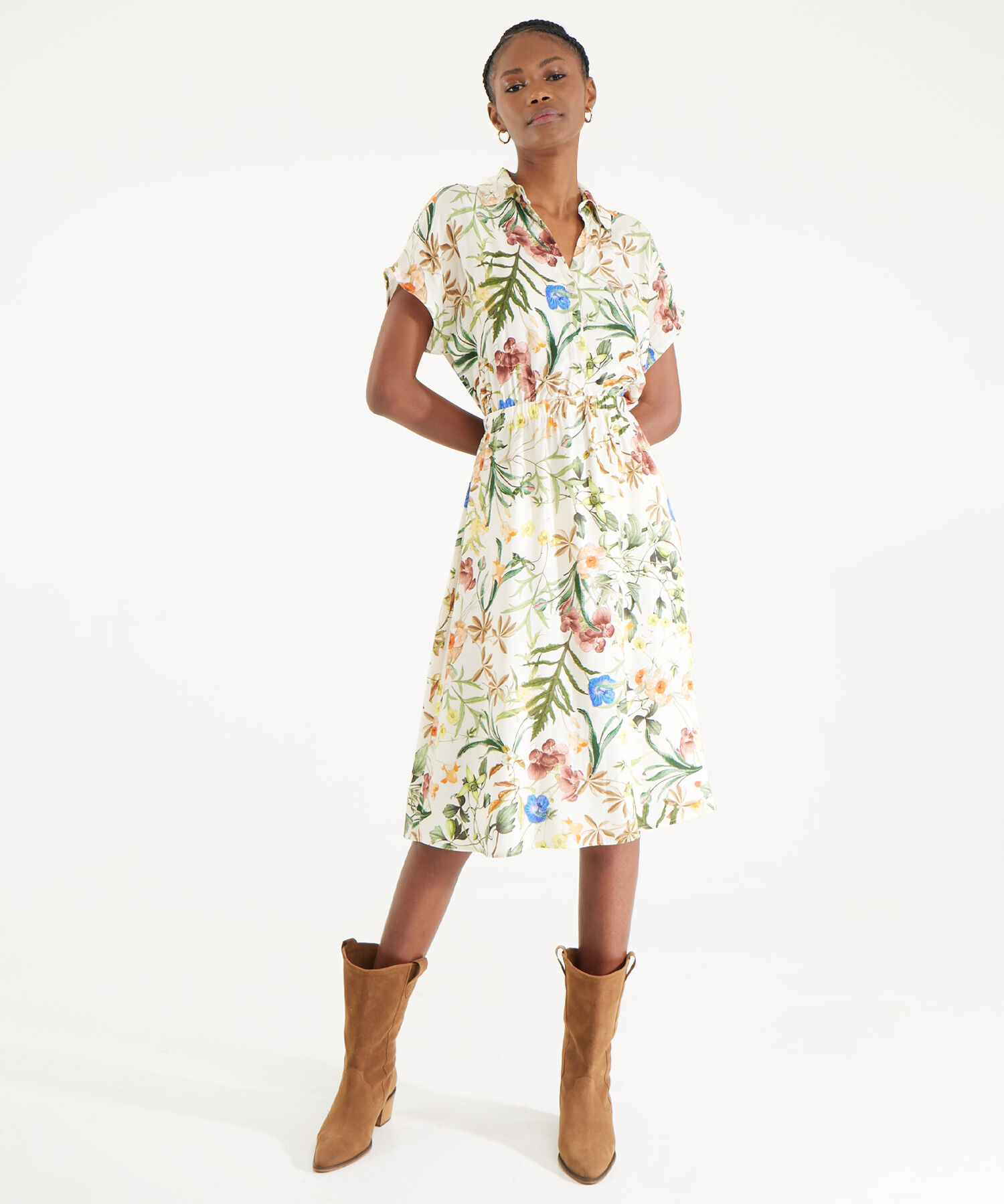 Vestido Camisero Estampado Manga Corta Rodada