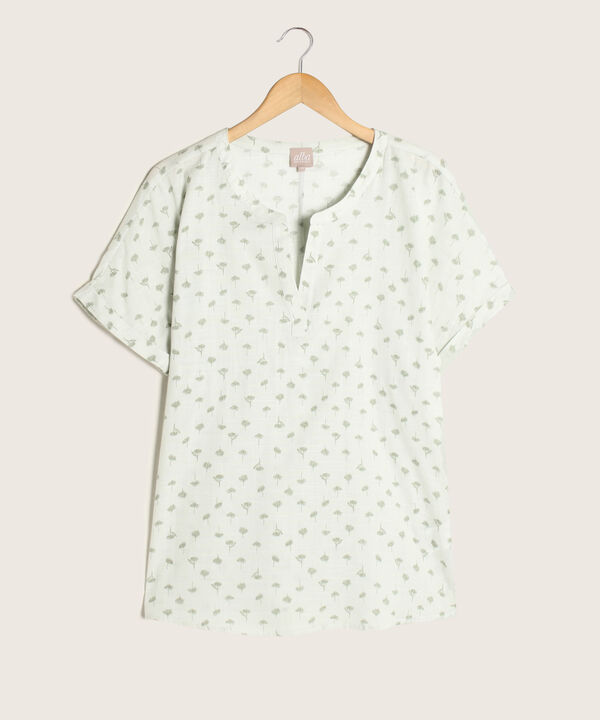 Blusa Estampada Manga Corta Con Guardapolvo, Cuello Redondo, Cuello En V Y Corte En Espalda Con Recogido Leve