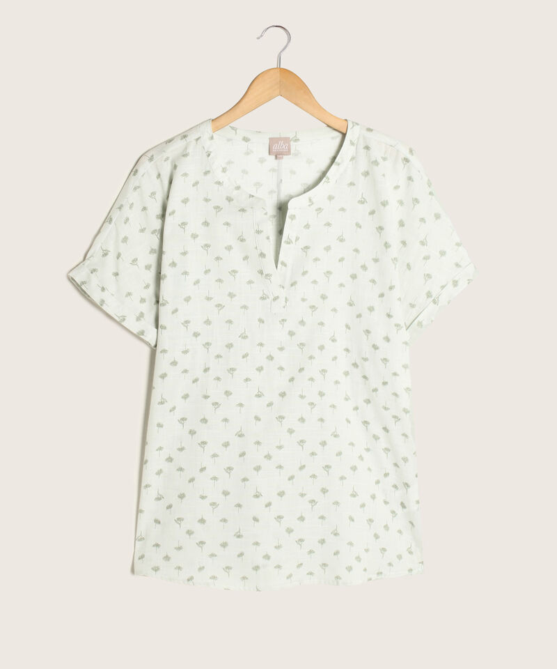 Blusa Estampada Manga Corta Con Guardapolvo, Cuello Redondo, Cuello En V Y Corte En Espalda Con Recogido Leve