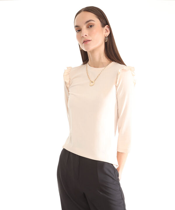 Camiseta Unicolor Cuello Redondo, Manga 3/4 Con Bolero En Sisa