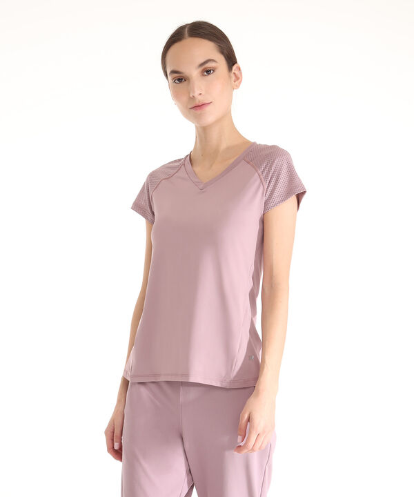 Camiseta Para Mujer, Cuello En V, Manga Corta, Con Detalles Tipo Malla image number null