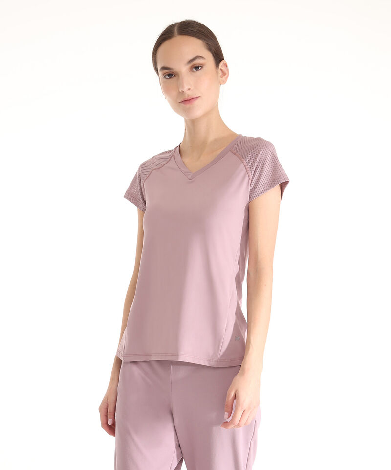 Camiseta Para Mujer, Cuello En V, Manga Corta, Con Detalles Tipo Malla