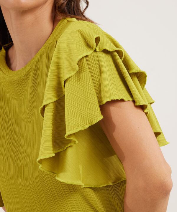 Camiseta Unicolor Textura Manga Corta Con Boleros, Trópico Floral