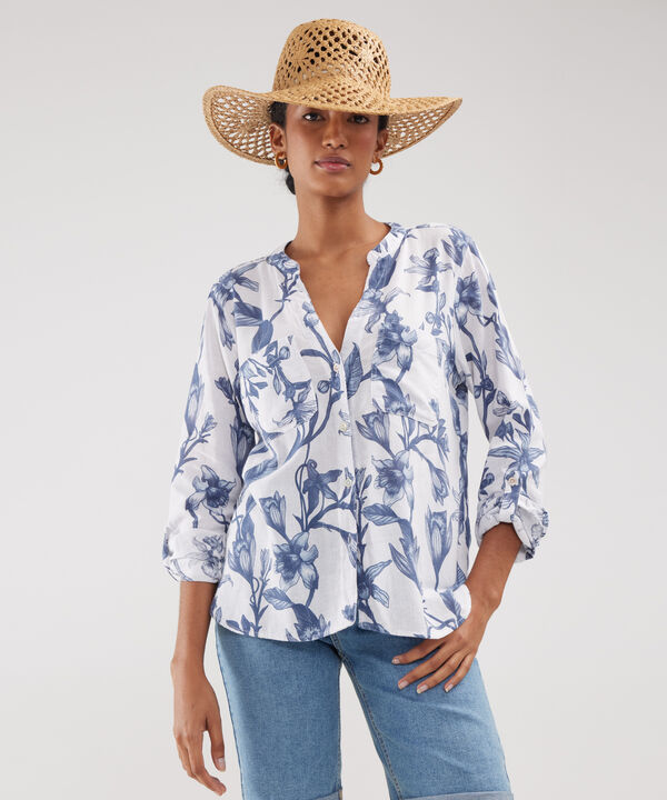 Blusa Manga Larga Estampada En Lino