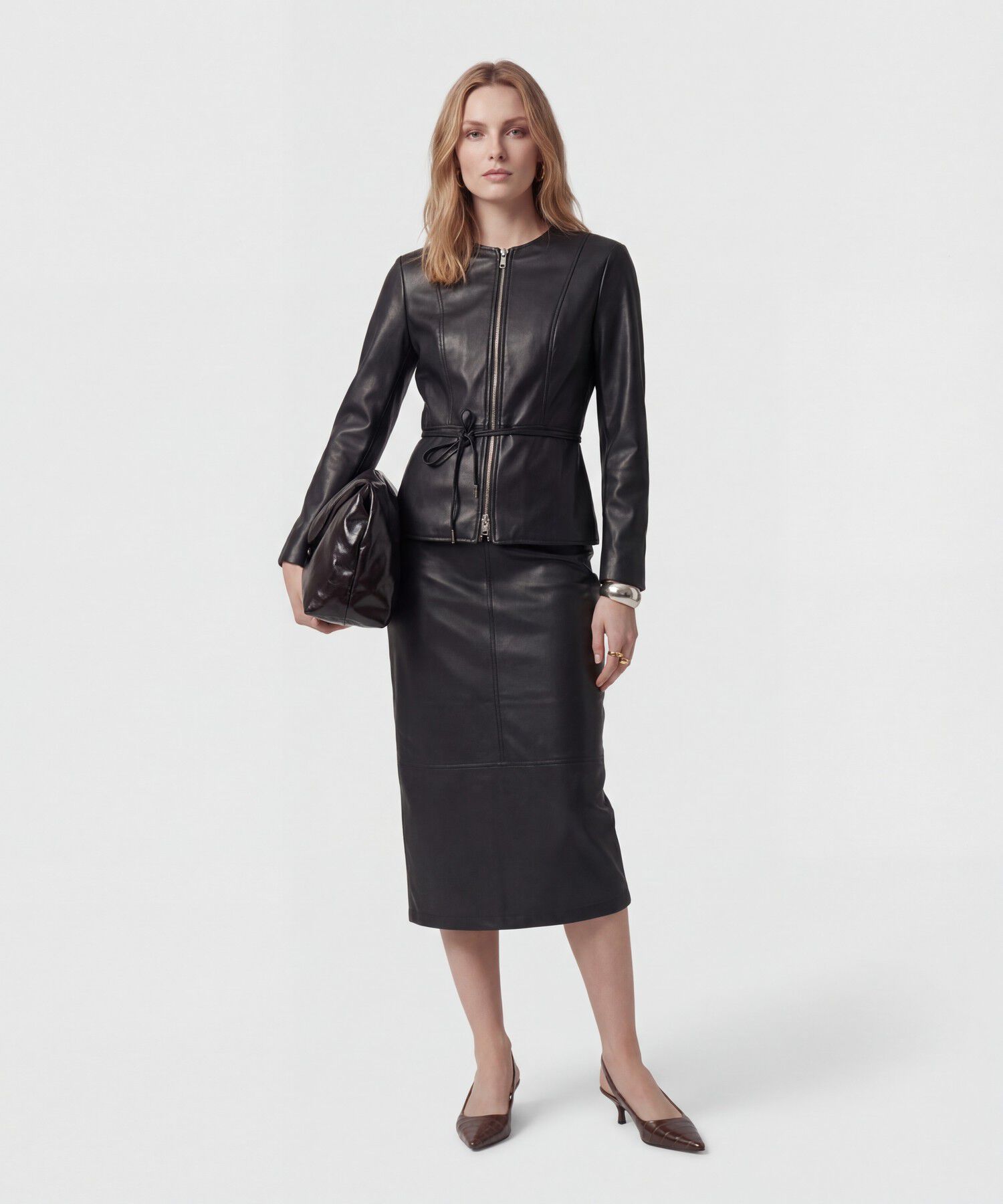 Falda Midi En Efecto Cuero