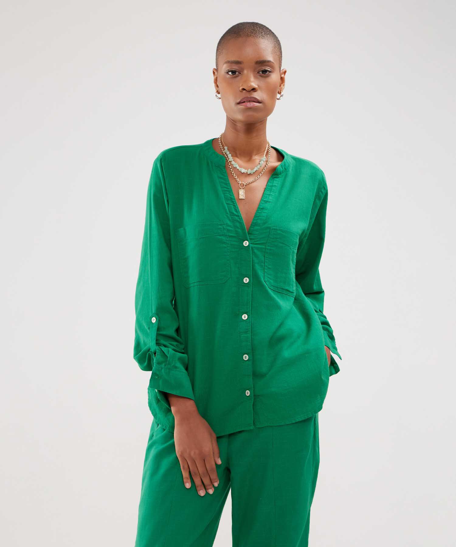 Blusa Manga Larga Unicolor En Lino