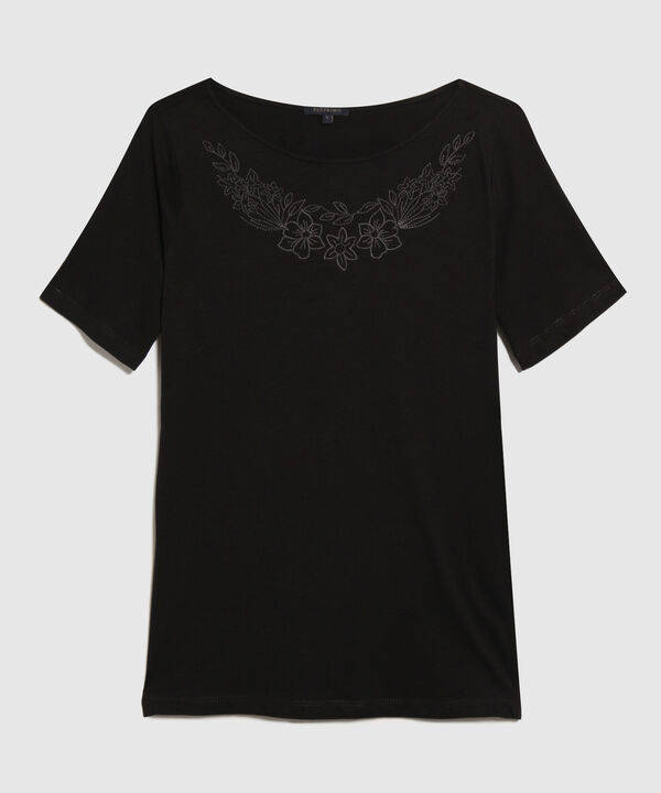 Camiseta Manga Corta Unicolor, Escote Redondo Con Bordado En Delantero, Trópico Floral