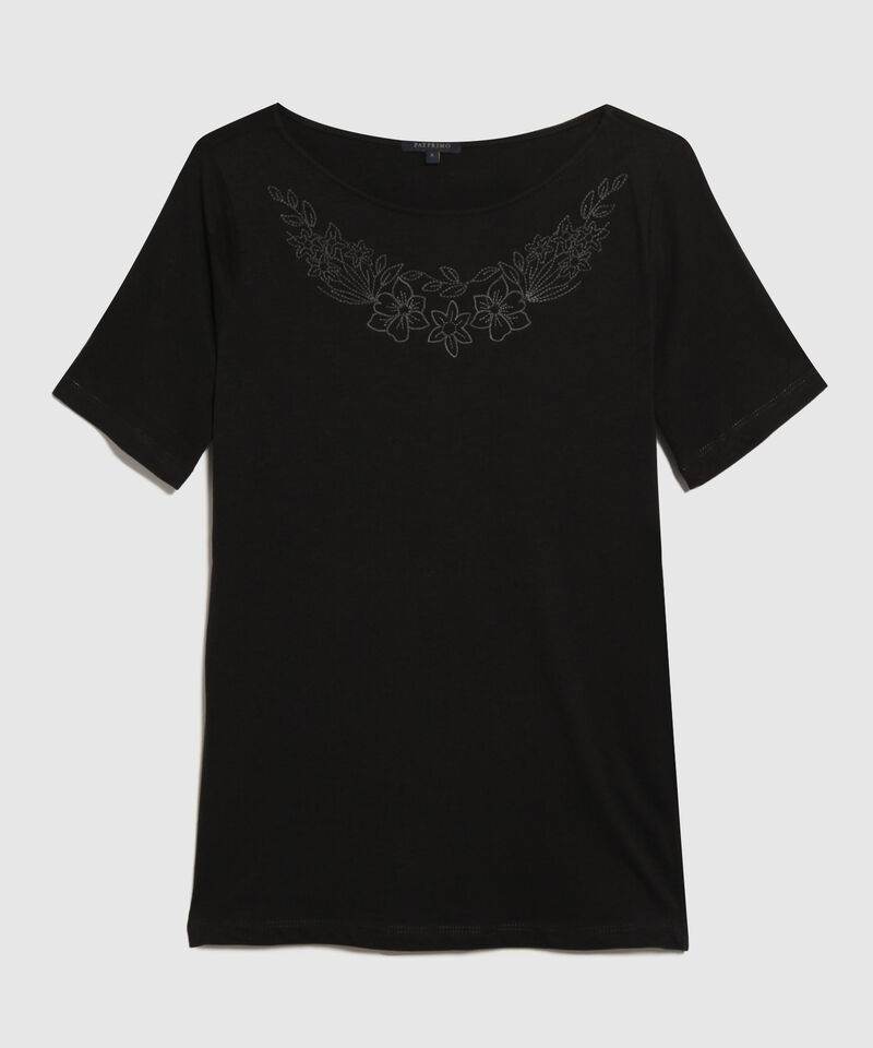 Camiseta Manga Corta Unicolor, Escote Redondo Con Bordado En Delantero, Trópico Floral