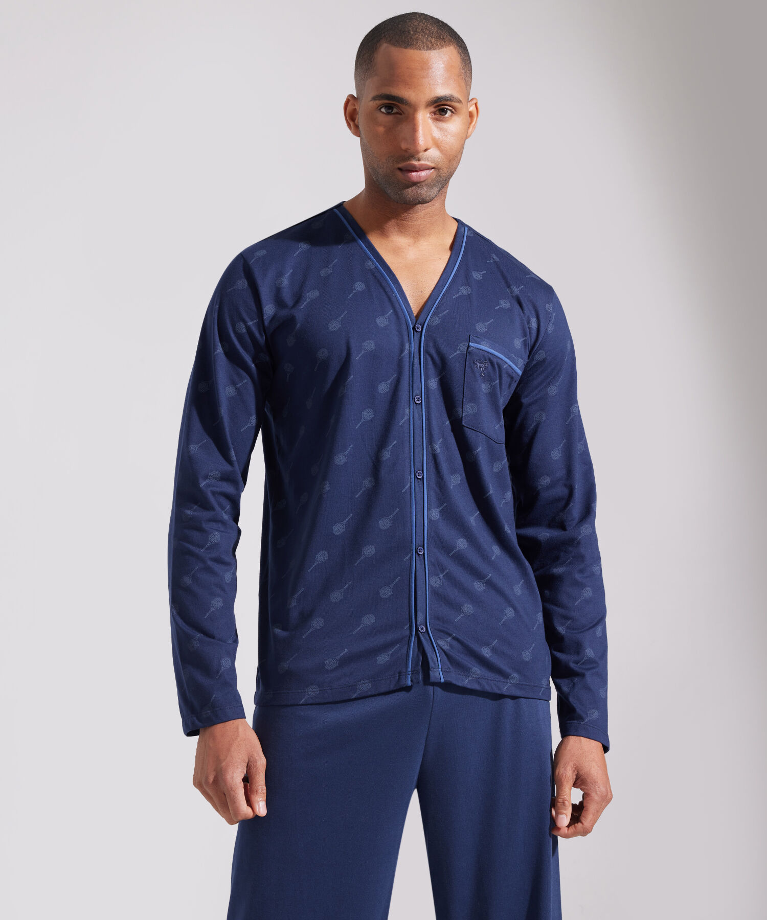 Pijama Set Camiseta Manga Larga Abierta Estampada Con Bolsillo Y Pantalon