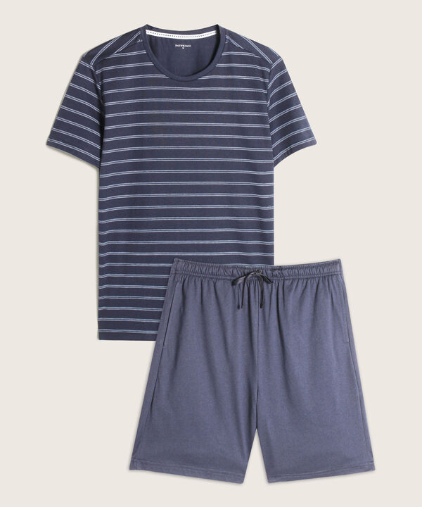 Pijama Set Camiseta Manga Corta Estampada Rayas Y Bermuda Unicolor