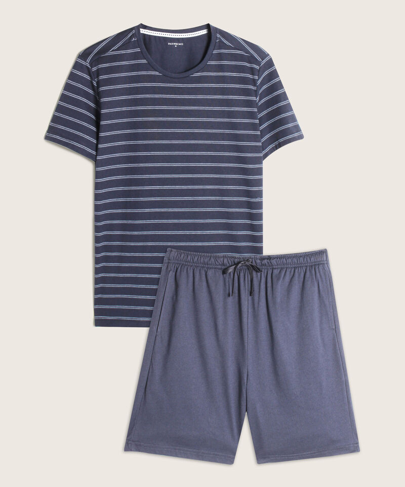 Pijama Set Camiseta Manga Corta Estampada Rayas Y Bermuda Unicolor