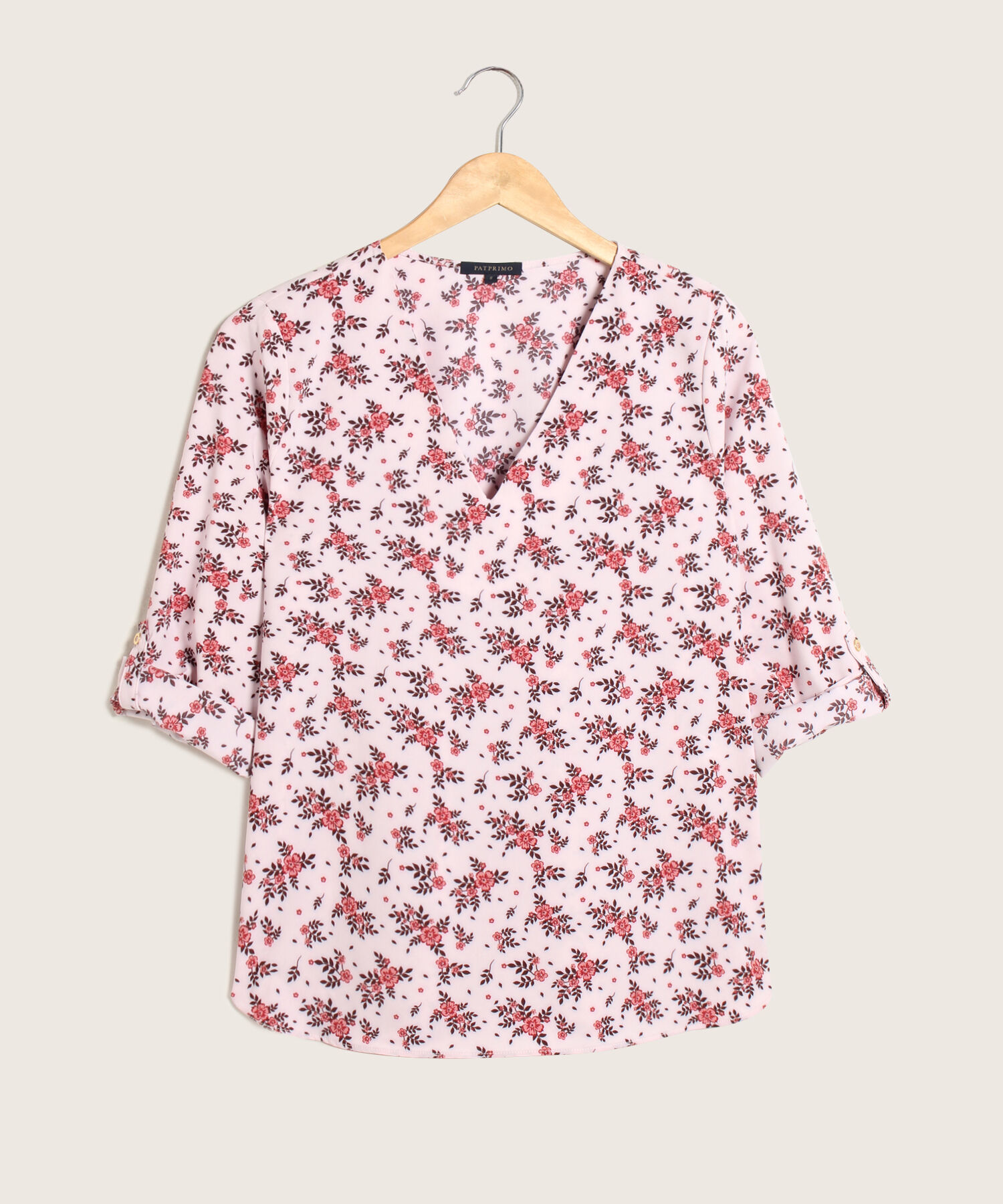 Blusa Estampada, Manga 3/4 Con Charretera, Cuello En V Y Silueta Fluida