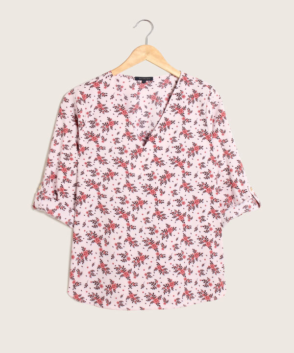Blusa Estampada, Manga 3/4 Con Charretera, Cuello En V Y Silueta Fluida