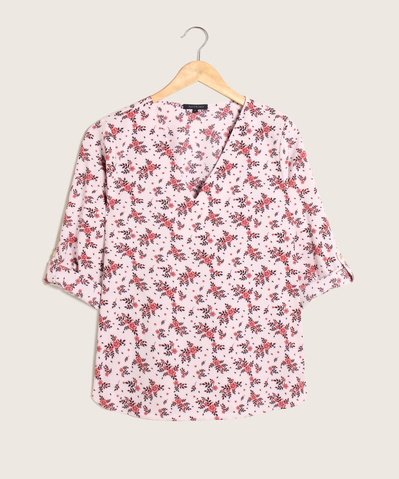 Blusa Estampada, Manga 3/4 Con Charretera, Cuello En V Y Silueta Fluida